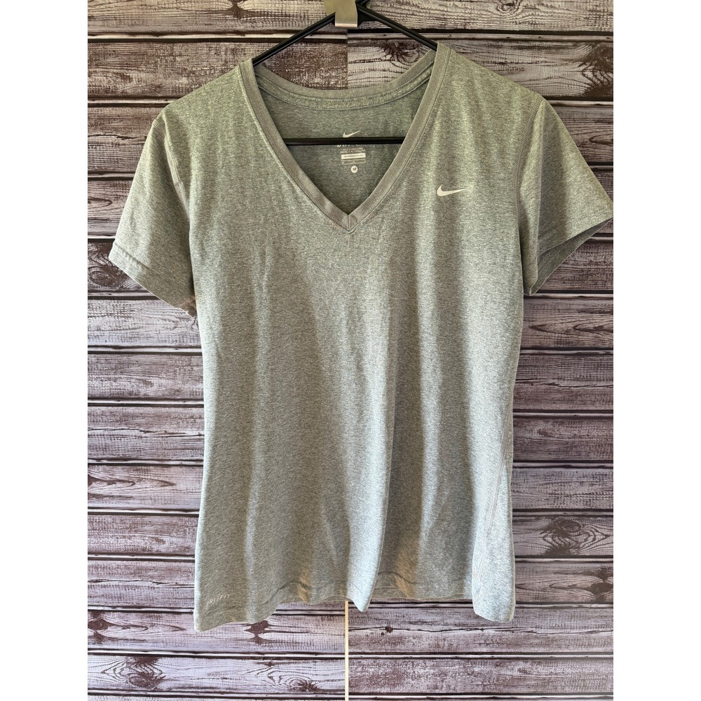 Nike Dri-Fit Women's Short-Sleeved Top Size M Heathered Gray V-Neck Logo